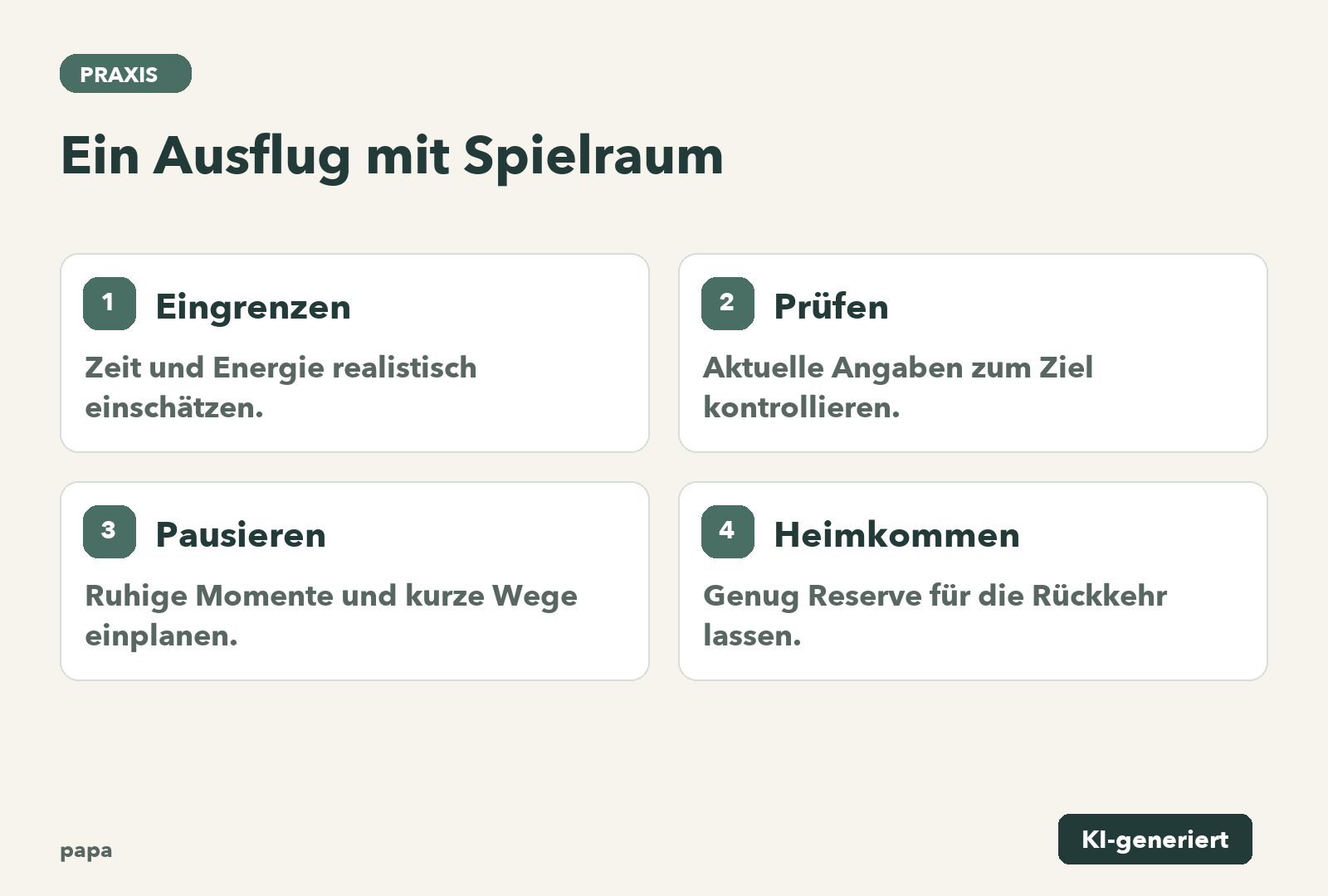 Eingrenzen: Zeit und Energie realistisch einschätzen.; Prüfen: Aktuelle Angaben zum Ziel kontrollieren.; Pausieren: Ruhige Momente und kurze Wege einplanen.; Heimkommen: Genug Reserve für die Rückkehr lassen.
