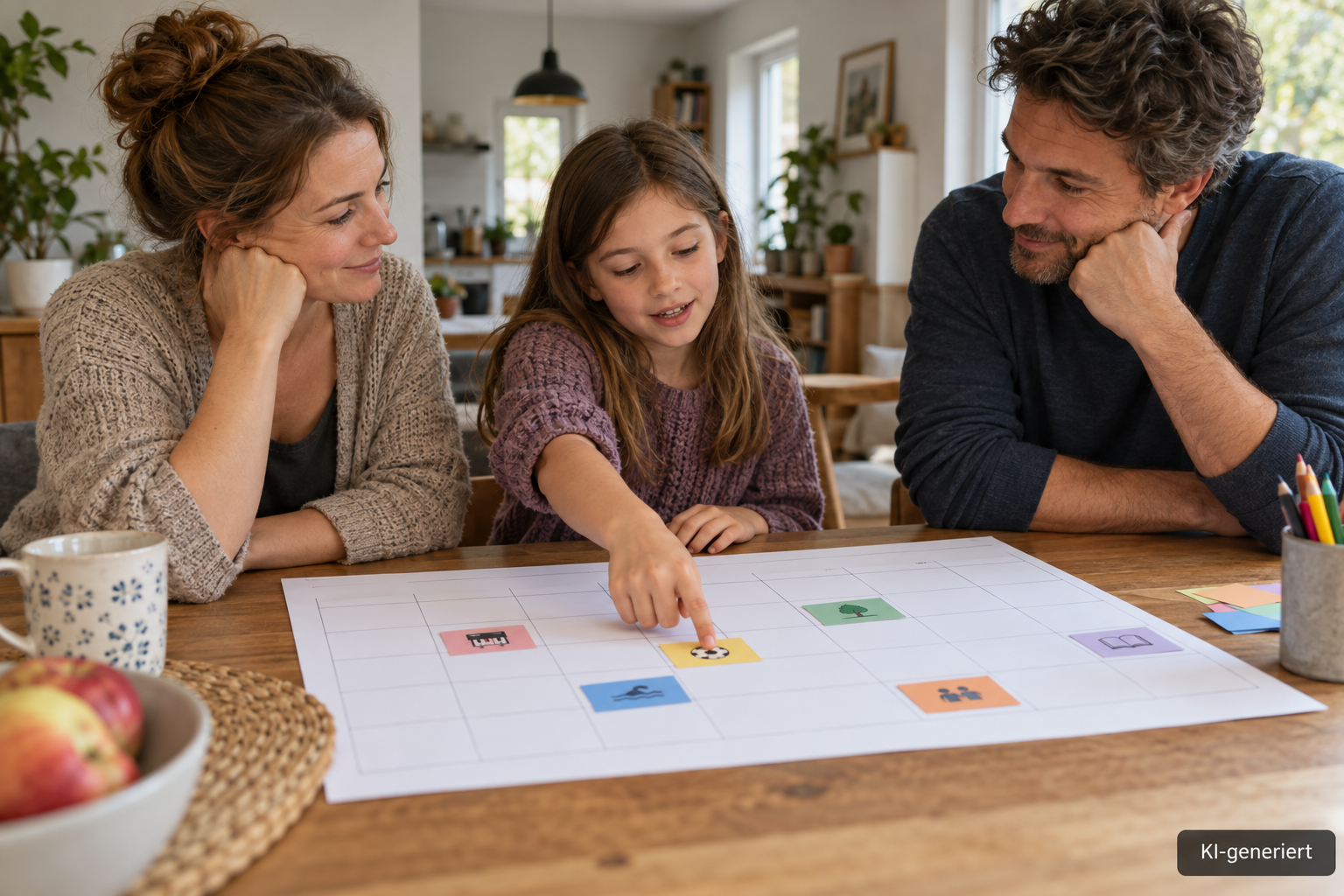 Eltern und Kind besprechen gemeinsam einen Wochenplan