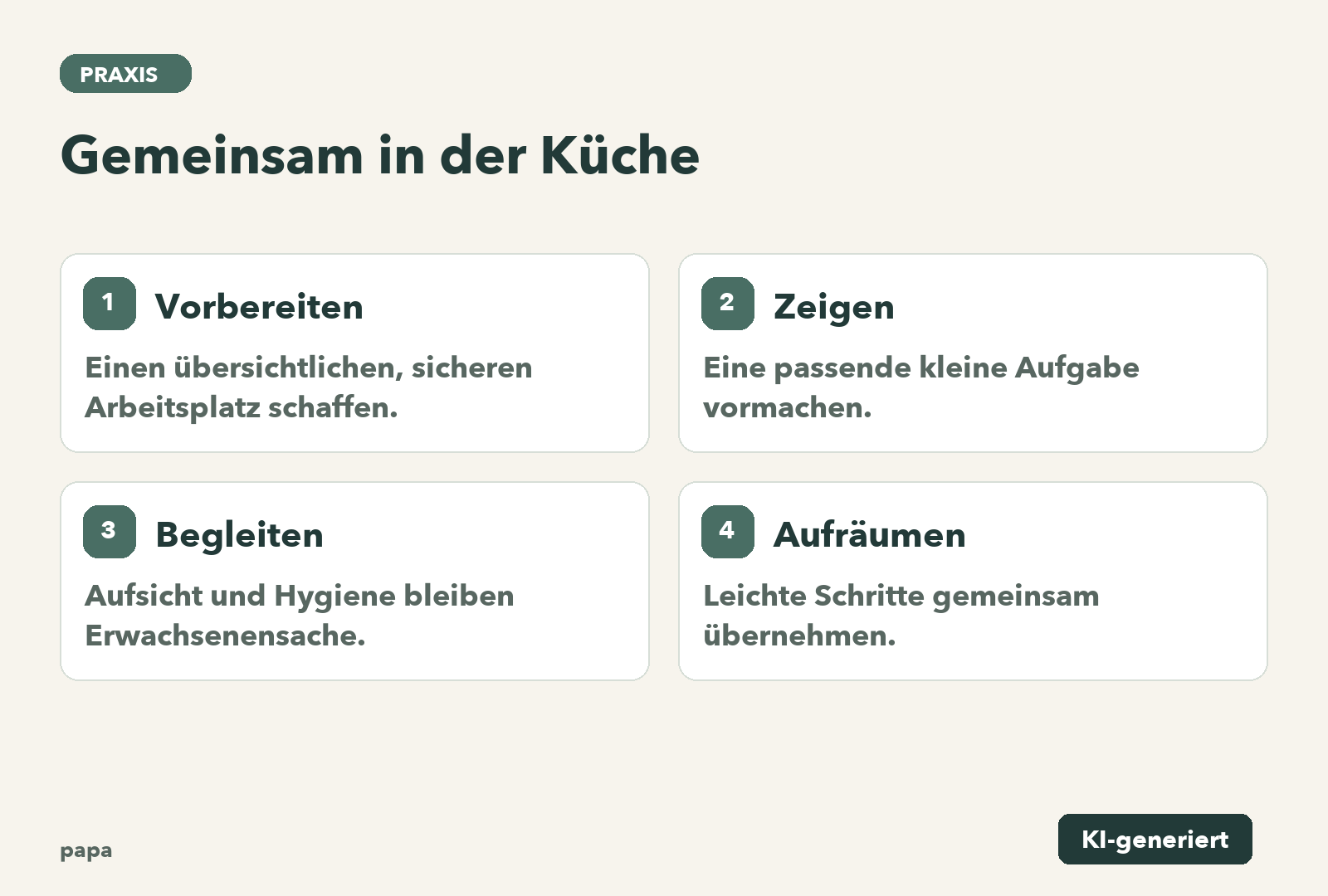 Vorbereiten: Einen übersichtlichen, sicheren Arbeitsplatz schaffen.; Zeigen: Eine passende kleine Aufgabe vormachen.; Begleiten: Aufsicht und Hygiene bleiben Erwachsenensache.; Aufräumen: Leichte Schritte gemeinsam übernehmen.