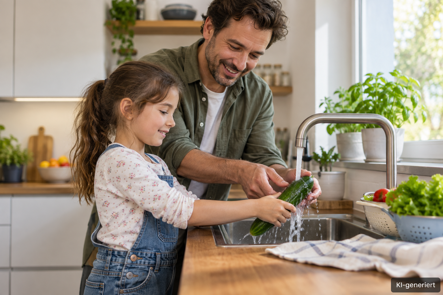 Vater und Kind waschen gemeinsam Gemüse in der Küche