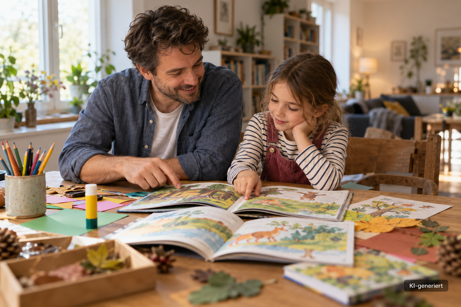 Vater und Kind entdecken gemeinsam ein Bilderbuch