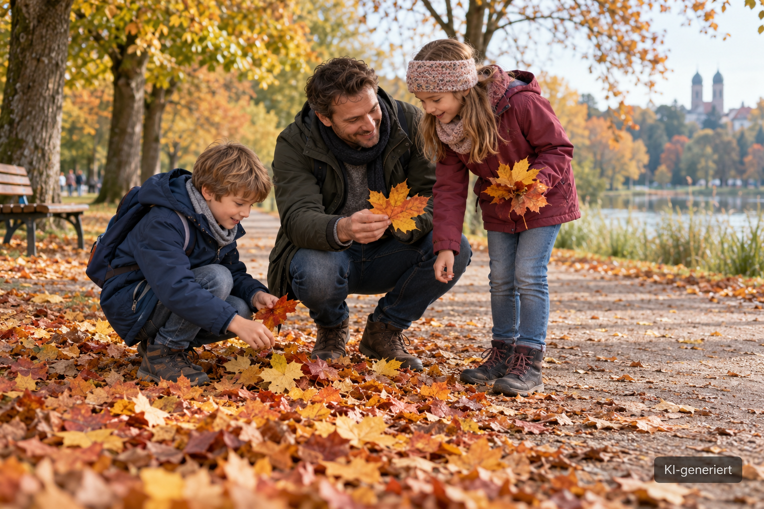 Vater und Kinder betrachten Herbstblätter auf einem Parkweg