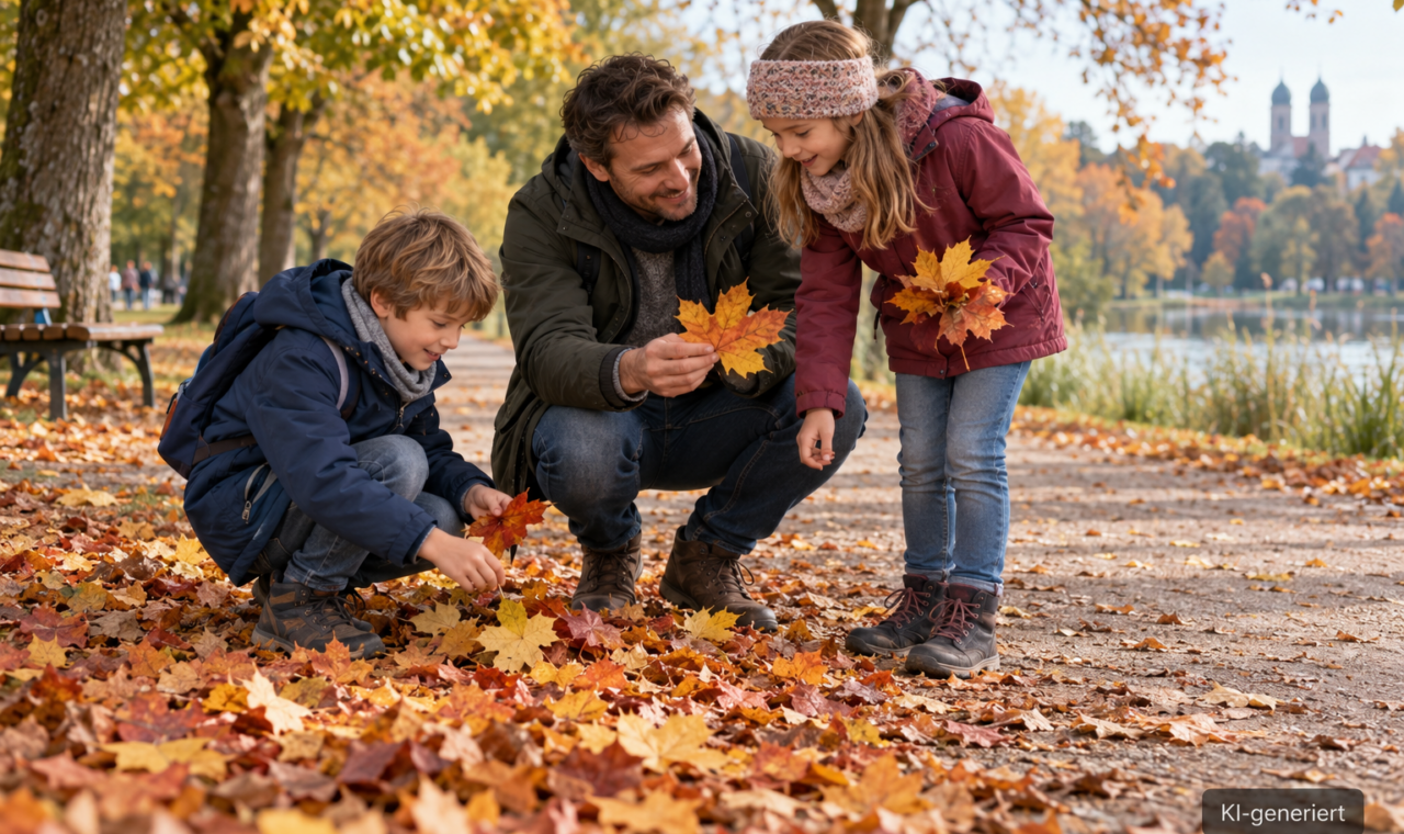 Vater und Kinder betrachten Herbstblätter auf einem Parkweg