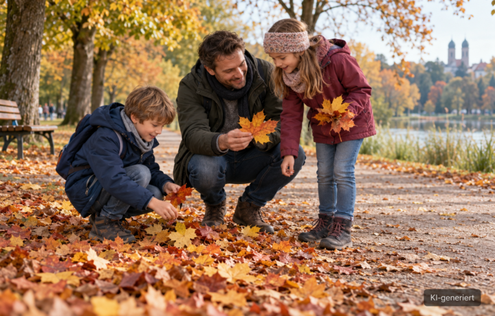 Vater und Kinder betrachten Herbstblätter auf einem Parkweg
